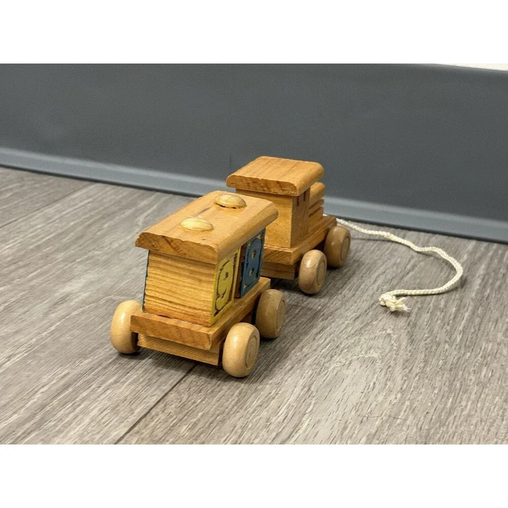 VINTAGE HAND MADE WOODEN TRAIN & CAR WITH BLOCKS STURDY Pull Toy